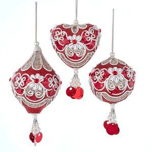 Regal Red Silver Ball Heart Teardrop Large Glitter Ornament 5-7" Set 3